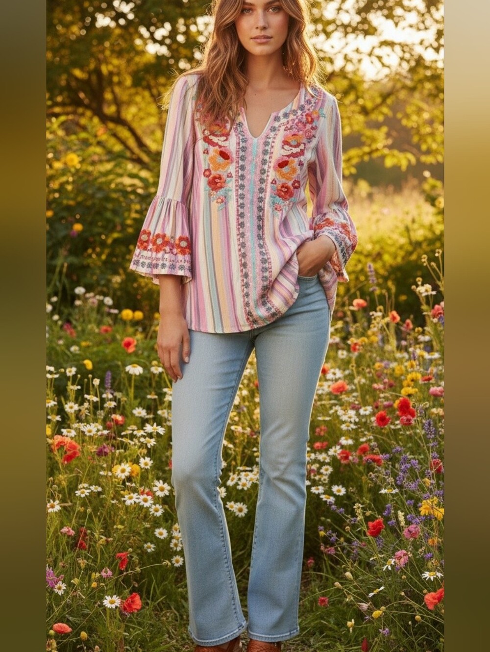 Boho Embroidered Floral Bell Sleeves Blouse Medium Spring Festival